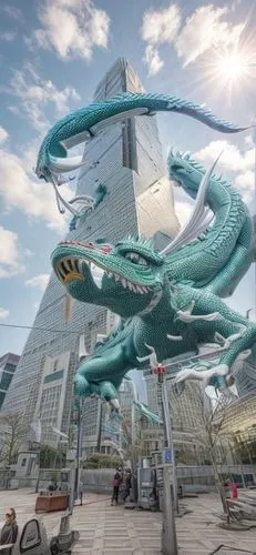 Descending from the rooftop of Taipei 101, the head of a Chinese mythical dragon gazes towards the ground. The dragon's colossal body, adorned with shimmering green scales, emits a radiant glow. From 