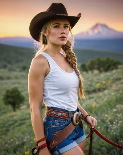 Cowgirl, young adult, blonde hair, ponytail, cowboy hat, blue eyes, freckles, makeup, bright red lips, tight white tank top, denim shorts, brown leather belt, cowboy boots, lasso rope, holding a horse