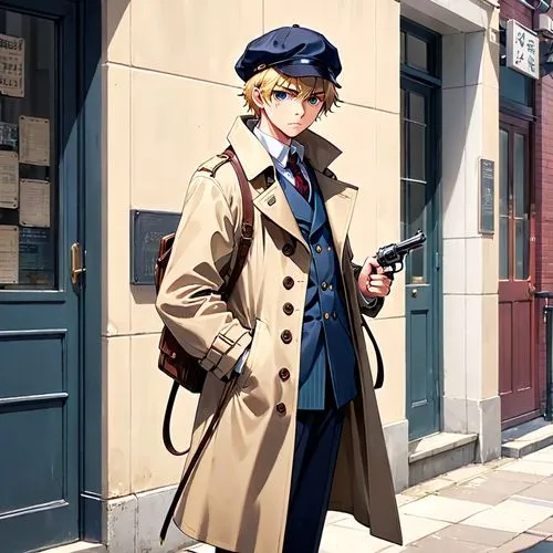 detective,violet evergarden,trench coat,darjeeling,stylish boy,overcoat,long coat,inspector,coat,anime japanese clothing,sherlock holmes,investigator,navy suit,a pedestrian,military uniform,winter clothes,male character,a uniform,holmes,winter clothing,Anime,Anime,Realistic