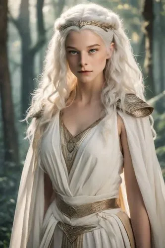 Emma D'Arcy like sorceress, warrior, ancient greece, forest. White hair,a blonde woman dressed in a white outfit,daenerys,sigyn,white rose snow queen,margairaz,galadriel,frigga,dany,margaery,targaryen