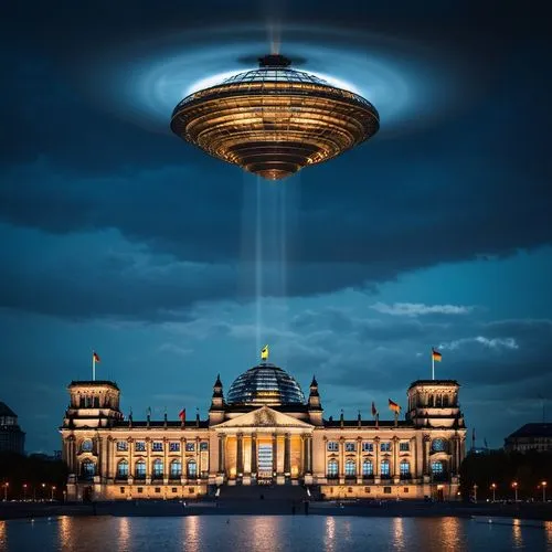 Ein UFO schwebt in der Nacht über dem Reichstag in berlin, und saugt alle Politiker mit einem Lichtstrahl auf,reichstag,ufo,berlin cathedral,ufos,berlin germany,mannheim,our berlin,bundestag,berlin,dr