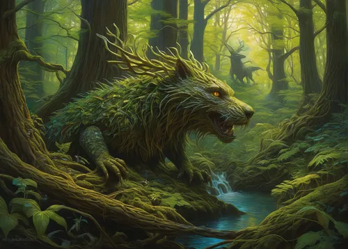 forest dragon,forest king lion,forest animal,howling wolf,green dragon,druid,woodland animals,gryphon,forest animals,cynorhodon,uintatherium,druid grove,ninebark,posavac hound,forest background,dryad,scent hound,wild boar,boar,druids,Illustration,Realistic Fantasy,Realistic Fantasy 03