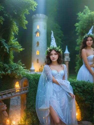 A group of fairies don their own costumes and form a hedge group as they join a group in the enchanting fairy tale of Tale Castle. High resolution photo technology.,celtic woman,vintage fairies,fairyl