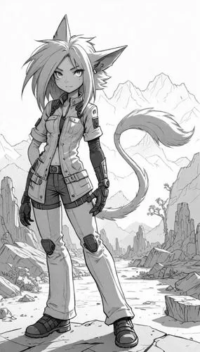 desert fox,adventurer,jubei,grayscale,sand fox,adventuress,Design Sketch,Design Sketch,Detailed Outline