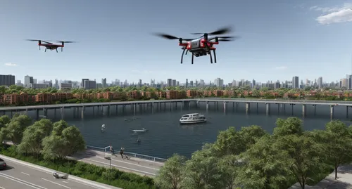 make the view sustainable and technologically utopic. add flying drones and cars. have people walk on ground level, near the water side. do not have cars and busses at ground level.,the pictures of th