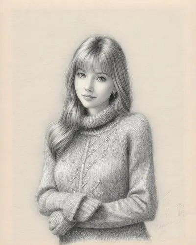 毛衣，素描,a pencil drawing of a woman wearing a sweater,girl drawing,voormann,girl portrait,silverpoint,portrait of christi,nabiullina,Illustration,Black and White,Black and White 30