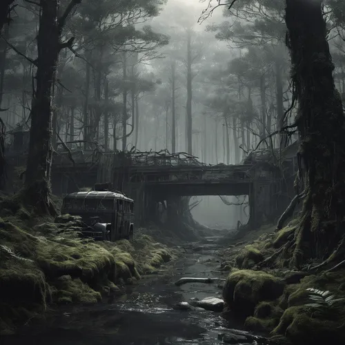 Imagine an epic fantasy adventure in a magical forest,swampy landscape,wooden bridge,hangman's bridge,bayou,fantasy landscape,log bridge,swamp,foggy forest,road forgotten,haunted forest,elven forest,f