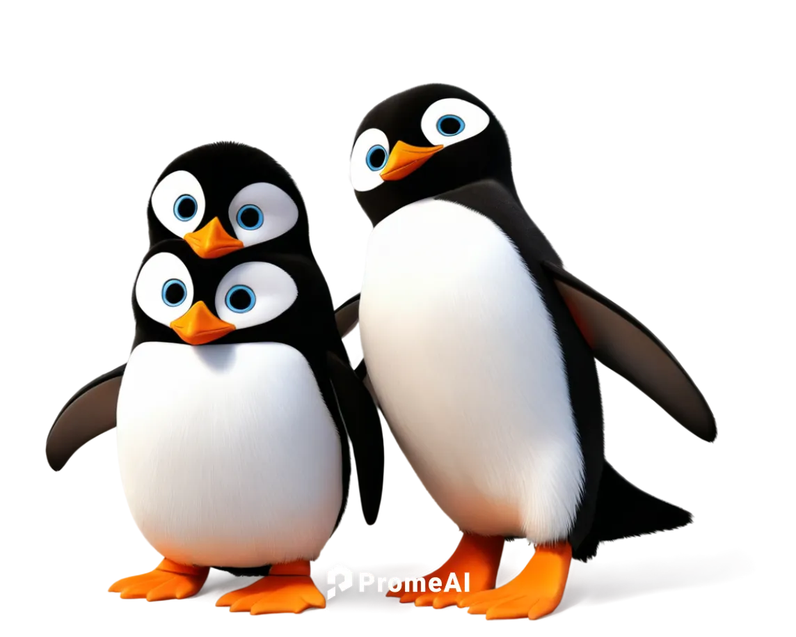 Cartoon penguin family, father penguin, mother penguin, baby penguins, happy faces, bright eyes, orange beaks, black and white feathers, flipper feet, standing together, hugging each other, warm light