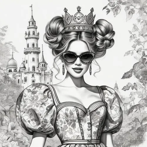 miss circassian,noblewoman,victorian lady,victoriana,disneyfied,queen of hearts,Illustration,Black and White,Black and White 30