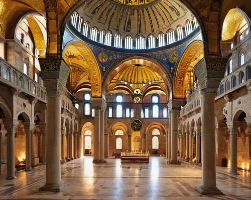 Byzantine-style church, grandiose, intricately decorated, golden domes, ornate crosses, marble floors, intricate mosaics, vaulted ceilings, narrow windows, solemn atmosphere, afternoon soft light, war