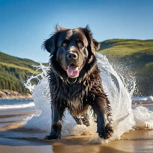 Spektakuläre Fotografie, Weitwinkel, keine Spur von digitalem Lärm, extrem realistisch, mit komplizierten Details eines Neufundländer Hundes, durchnässt, der Wasser und Sand schüttelt, schnell und wie