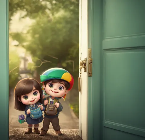 open the door and you will find 2 kids looking for gift from you,girl and boy outdoor,little boy and girl,cute cartoon image,vintage boy and girl,cute cartoon character,boy and girl,toy's story,toy st