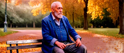 Old man, white beard, wrinkles, aged skin, worn-out clothes, leaning on cane, sitting on bench, park scenery, warm sunlight, soft focus, cinematic composition, shallow depth of field, nostalgic atmosp