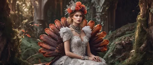 In a whimsical fairytale setting, follow the adventures of a magical turkey hen.,faery,fairy peacock,faerie,feather headdress,pheasant,fairy queen,fairy tale character,forest anemone,fantasy picture,h