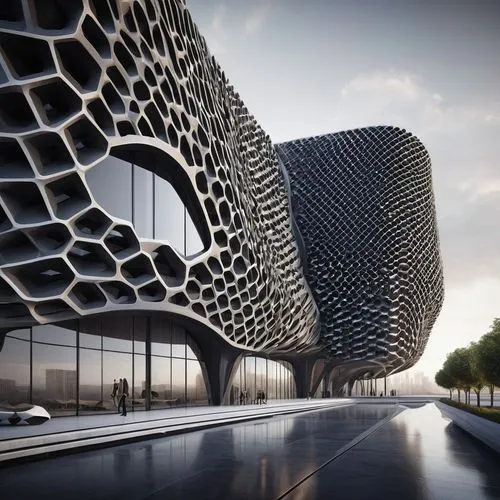 "Generate a miniature, minimalist architectural visualization of Zaha Hadid's 520 West, featuring a symmetric charcoal honeycomb facade inspired by biomimicry. Showcase the modular construction and ur