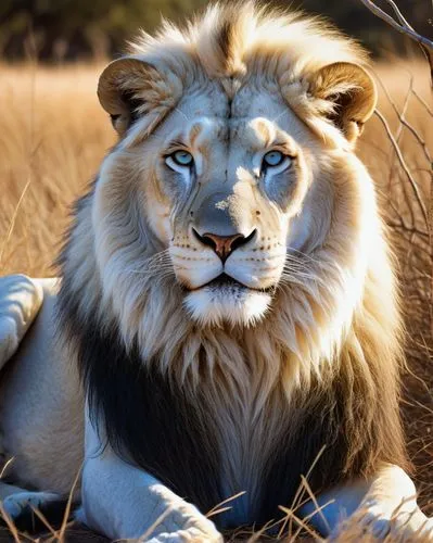 Majestic white lion, solo, male, adult, powerful muscles, long white fur, vibrant blue eyes, sharp teeth, regal posture, sitting, savannah, Acacia trees, sunny day, warm light, golden grass, detailed 