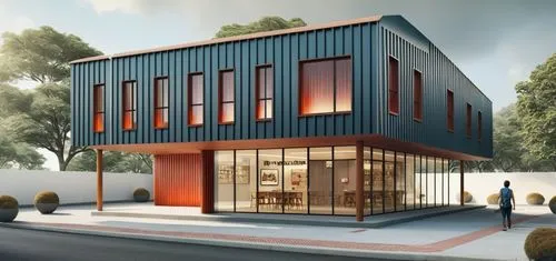 a rendering of the outside of a building with red lighting,cubic house,shipping containers,shipping container,prefabricated buildings,passivhaus,cube house,Photography,General,Realistic