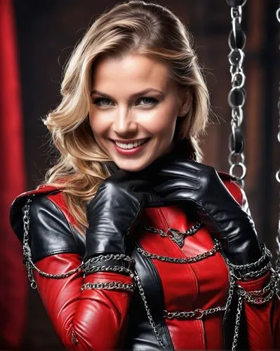 extremely beautiful Norwegian woman, smiling, all in leather, smiling, wearing long black leather gloves with four long fingers, overknee leather boots, red leather dress, studio lighting, big black l