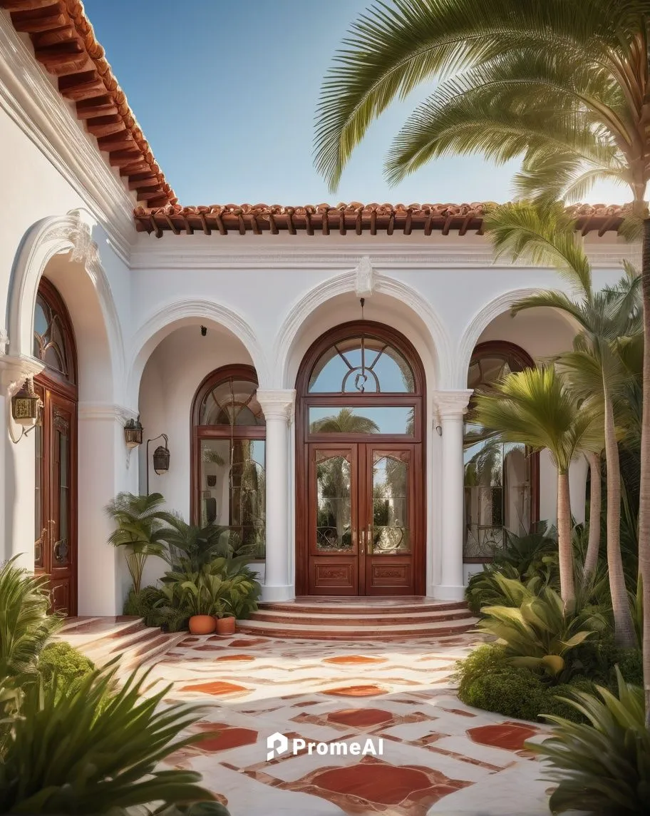 Mediterranean villa, modern, luxurious, white walls, red roof tiles, curved lines, ornate decorations, grand entrance, large windows, wooden doors, marble floors, lush greenery surrounding, palm trees