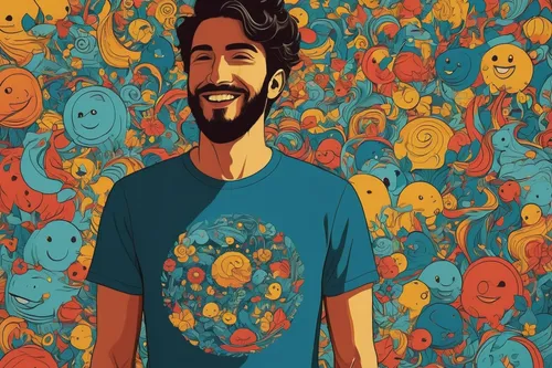 Design a tshirt that represents joy and happiness.,print on t-shirt,vector art,sakana,vector illustration,kaleidoscope art,pac-man,vector people,vector graphic,kontroller,psychedelic art,digital art,a