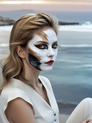 woman with cat face paint on sitting by the ocean,the woman is wearing her makeup to look like she is being painted,bodypainting,face paint,warpaint,mime,body painting,the sea maid,Photography,Black a