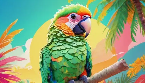 Vibrant parrot, anime style, colorful feathers, bright green wings, yellow beak, big round eyes, curious expression, perched on shoulder, girl's friend, tropical island, palm trees, sunny weather, war