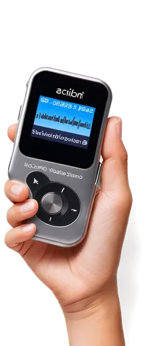 Portable music player, free mp3 audio, sleek design, metallic body, silver accents, earbuds wrapped around device, screen displaying song title, pause/play button, volume controls, rechargeable batter