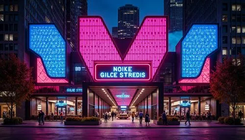 Vibrant nightclub facade, neon lights, dynamic LED displays, futuristic architecture, gleaming metallic surfaces, angular lines, asymmetrical compositions, bold color schemes, strobe-like lighting eff