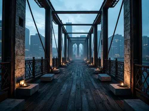 manhattan bridge,skybridge,brooklyn bridge,walkway,bridge,skywalks,wooden bridge,scenic bridge,under the bridge,bridges,hangman's bridge,harbor bridge,highway bridge,angel bridge,dusk,boardwalk,golden bridge,illumination,cityscape,manhattan