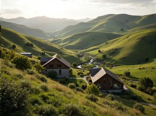 Rustic rural landscape, rolling hills, verdant pastures, meandering streams, wooden farmhouses, pitched roofs, natural stone walls, earthy tones, blending with surroundings, harmonious integration, or