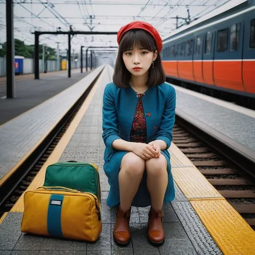 the girl at the station,kindertransport,suitcase,japanese woman,girl wearing hat,chihiro,paddington,travel woman,stationmaster,luggage set,korail,sumiala,tomoyo,baggage,evacuee,mikiko,suzong,tokyoites,terashima,hiromi,Illustration,Realistic Fantasy,Realistic Fantasy 08