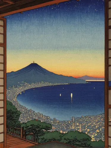 Evening in Atami, View from the Abe Inn by Kawase Hasui,osaka bay,japan's three great night views,cool woodblock images,yokohama,fuji,miyajima,akashi-kaikyo bridge,woodblock prints,honzen-ryōri,japane