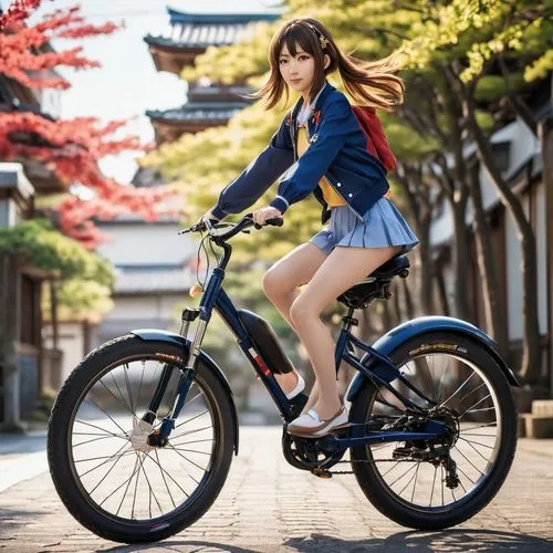 flying anime character,japanese style,girl,bike,young woman sitting on a bicycle while riding on the street,woman bicycle,e bike,mobike,tatari,saepo,floral bike,Photography,General,Realistic