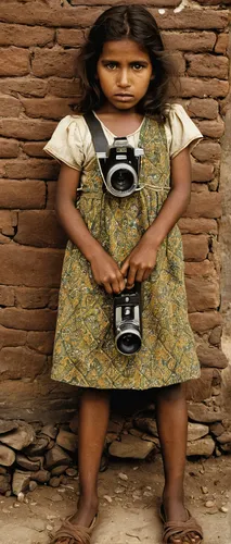 A brave girl with a camera documents the struggles of a remote village.,a girl with a camera,photographing children,digital camera,photo-camera,halina camera,twin lens reflex,vintage camera,minolta,ca