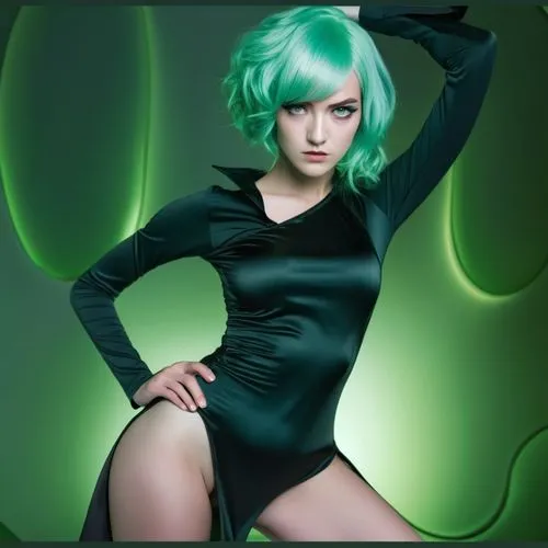 Young woman serious expression, hand on hip, light green hair, with natural light green eyes, black uniform silky dress,Tatsumaki cosplay - young girl with green hair ,midori,Tatsumaki,Anime cosplay,O