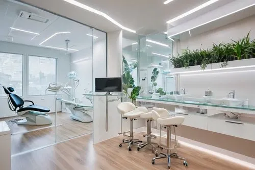 Modern dental clinic, sleek minimalism, white walls, polished chrome fixtures, LED lights, glass partitions, ergonomic dentist chairs, futuristic equipment, stainless steel countertops, wooden floors,