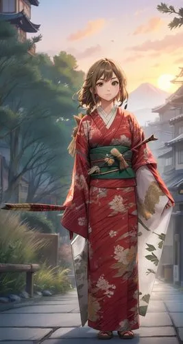 anime realistic style, japanese girl with red kimono , gold lace pattern on the dress , sky and town background,the japanese lady in the traditional outfit looks on,yukata,hideyoshi,kimono,hakama,long