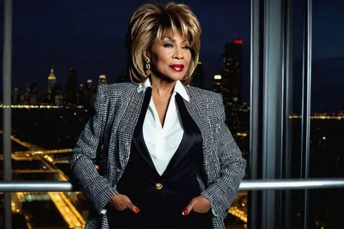 Tina Turner, mature lady, solo, (40yo), elegant detailed hair, bold red lips, golden earrings, white shirt, black blazer, formal pantsuit, high heels, standing, architectural digest magazine cover, mo