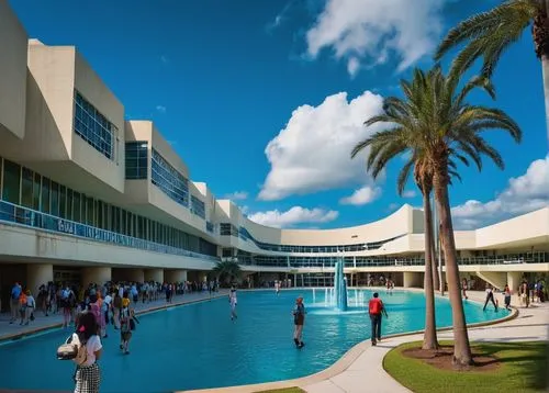 University of Central Florida, modern architecture, brutalist design, concrete structure, angular lines, large windows, open courtyard, fountain, palm trees, sunny day, blue sky, clouds, warm lighting