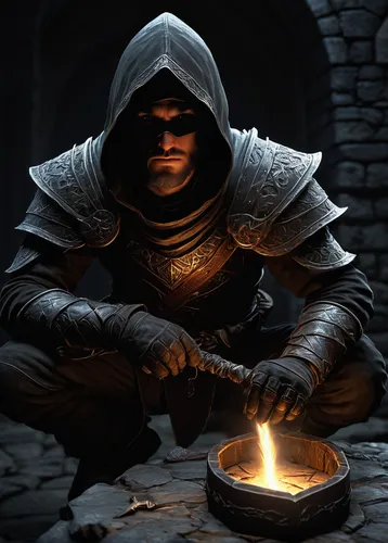 fantasy video game, Skyrim, removing stolen tag, character action, sneaky thief, crouching position, leather armor, lockpicking tools, enchanted gloves, dark hood, dimly lit room, treasure chest, anci