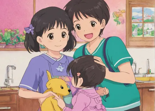 kawaii children,lily family,parents with children,rabbit family,studio ghibli,little girl and mother,matsuno,together cleaning the house,children girls,azusa nakano k-on,a family harmony,harmonious family,my neighbor totoro,happy family,childhood friends,anime cartoon,parent child,protect,parent-child,anime 3d,Illustration,Japanese style,Japanese Style 13