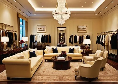 Luxury boutique, Ralph Lauren, elegant interior, high-end fashion, upscale atmosphere, cream-colored walls, dark wood floors, ornate chandeliers, marble countertops, luxurious furniture, velvet sofas,