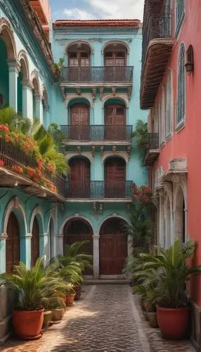 Colonial Cuban architecture, pastel-colored buildings, ornate balconies, intricate stone carvings, decorative ironwork, grand entrance doors, arched windows, red-tiled roofs, palm trees, vibrant flowe