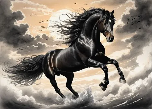 Flying black horse, majestic wings spread wide, galloping in mid-air, wind-blown mane, shiny black coat, muscular body, detailed hooves, flowing tail, sunset sky, fluffy white clouds, contrails, dynam