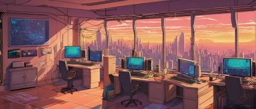 computer room,cyberpunk,computer,study room,the server room,working space,aesthetic,computer art,futuristic landscape,windows,computer desk,computer workstation,computers,cyberspace,classroom,desk,dusk,computer system,workspace,cyber,Illustration,Retro,Retro 08