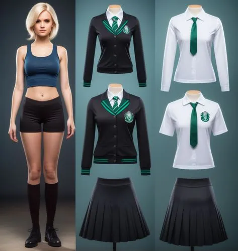 Paper doll Hogwarts 16 year old schoolgirl in black sleeveless shirt ,black tight fit spandex shorts with black sock and black shoe standing surrounded by with a set of Hogwarts Slytherin school unifo