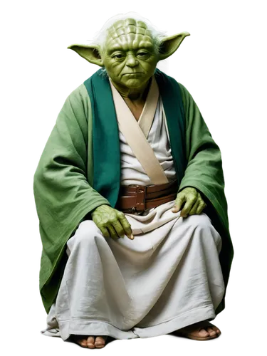 Wise Yoda, old man, green skin, long ears, white hair, wrinkles, cane, Jedi robes, brown belt, seated, contemplative, calm, serene, soft focus, warm lighting, 3/4 composition, cinematic mood.,yoda as 