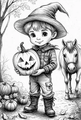 : Design Sketch-Rough Outline ,a boy in pumpkin outfit next to his horse,halloween illustration,halloween line art,mabon,schierholtz,pumpkin patch,coloring pages kids,Design Sketch,Design Sketch,Detai