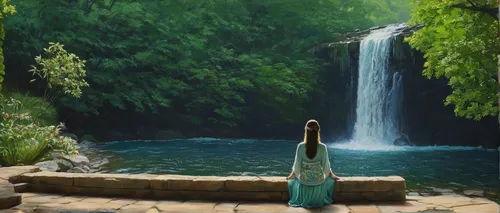 green waterfall,bridal veil fall,oil painting on canvas,waterfall,water fall,woman at the well,gioc village waterfall,oil painting,water falls,waterfalls,chinese art,water-the sword lily,ao dai,girl in a long dress,falls,world digital painting,cascading,idyll,oil on canvas,fantasy picture,Art,Classical Oil Painting,Classical Oil Painting 15