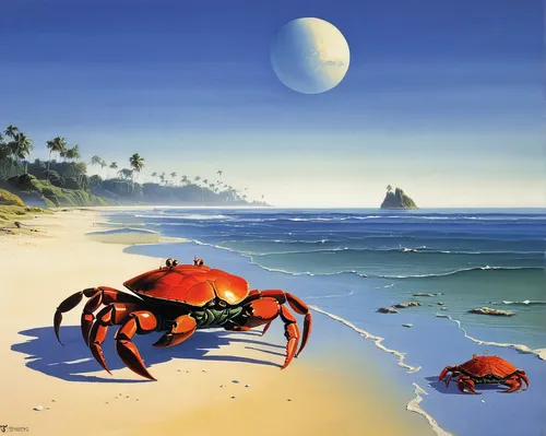 Imagine a peaceful beach scene with crabs walking along the shoreline.,the beach crab,crustaceans,crab 2,crabs,christmas island red crab,crab 1,crustacean,crab,fiddler crab,ten-footed crab,red cliff c